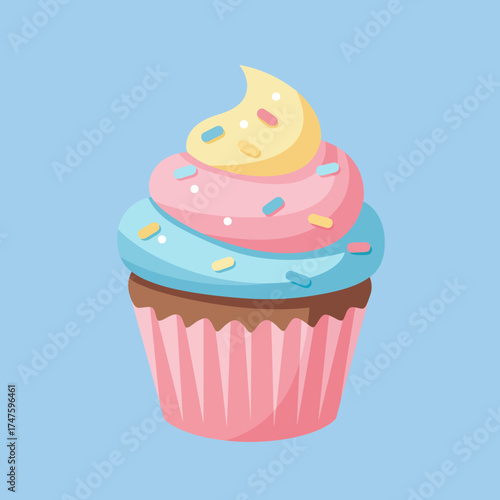 Flat Design Delicious Cupcake With Colorful Frosting And Sprinkle Decoration