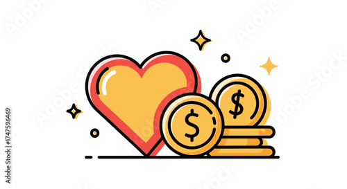 Illustration of a heart next to stacked gold coins symbolizing love and wealth concept for finance and charity