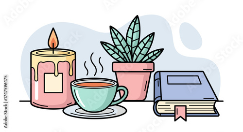 Cozy Hygge Scene With Burning Candle Steaming Tea Plant and Book