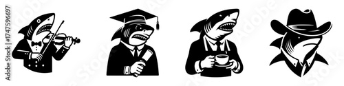 Shark Illustrations: Musician Graduate Businessman and Cowboy.