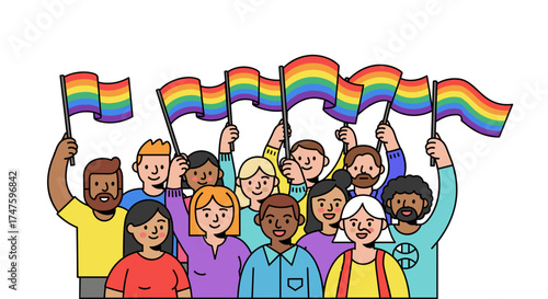 Diverse Group of People Holding Rainbow Flags Celebrating LGBTQ Pride and Equality