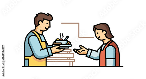 Smiling man serving hot food from stacked dishes to a woman eager to receive it