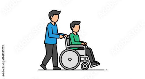 Man pushing another man in a wheelchair cartoon illustration isolated on white background