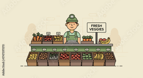 Fresh Produce Vendor Selling Healthy Vegetables and Fruits at a Market Stall