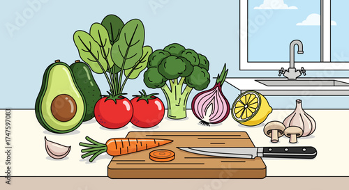 Healthy Fresh Vegetables and Ingredients Arranged on a Kitchen Countertop for Cooking