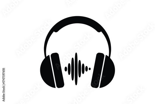 Black silhouette of over ear headphones with sound waves audio music