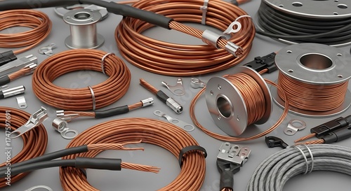 An assortment of industrial electrical components including various copper cables, wiring with terminals, and spools