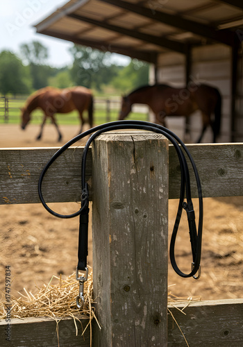 Black leather horse lead rope hanging on a wooden post in a rural setting. A professional equestrian hangs the lead rope on a fence post while horses graze in a stable yard.