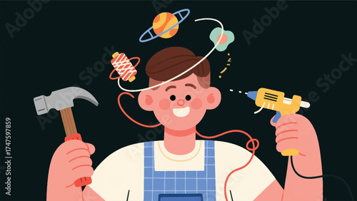 illustration of DIY enthusiast showcasing a crafting project; vector tools (hammer, thread, glue gun) are orbiting their head like satellite.eps