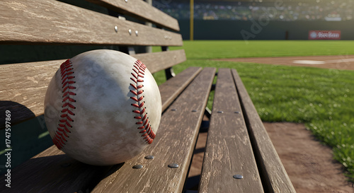 A weathered baseball rests on a wooden bench in a baseball stadium. A worn, vintage baseball sits on a weathered park bench on a baseball field.