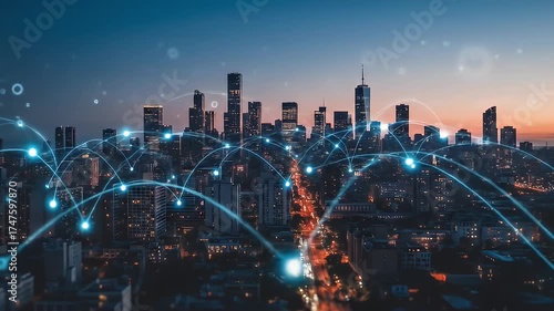 Cityscape at dusk with glowing network lines connecting buildings and neighborhoods