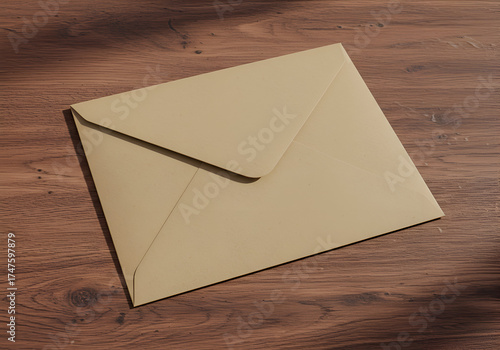 Beige envelope resting on a wooden surface. Flat lay of the envelope, showcasing its texture and design.