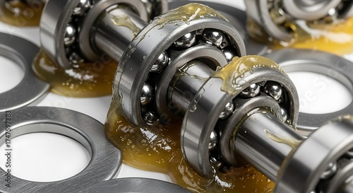 Close-up of Lubricated Ball Bearings with Grease and Washers