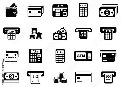 Financial icons representing money transactions and banking services