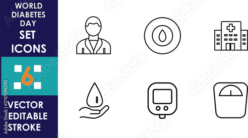Set of six minimal line icons for World Diabetes Day, featuring doctor, blood drop, hospital, glucose meter, hand with drop, and weighing scale