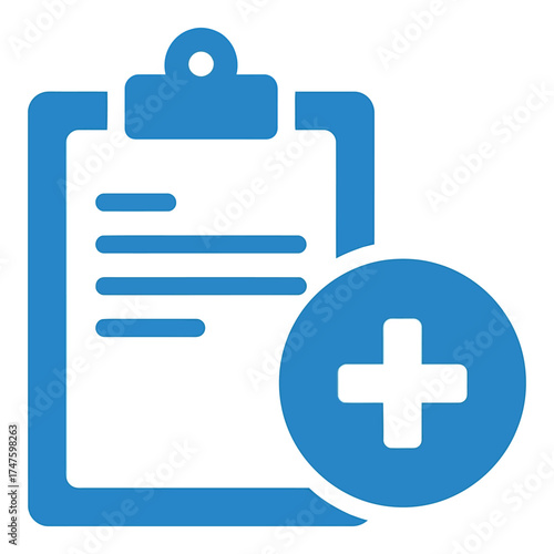 Vector art of blue clipboard with plus sign for new task form