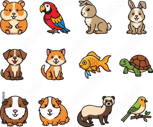 Collection of Adorable Cartoon Pet Animals for Childrens Illustrations.