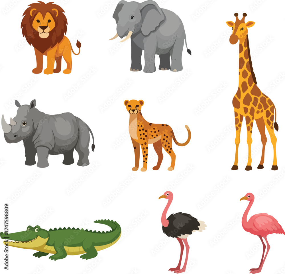 Naklejka premium Diverse African Wildlife Lion Elephant Giraffe Rhino Cheetah Crocodile Ostrich Flamingo.