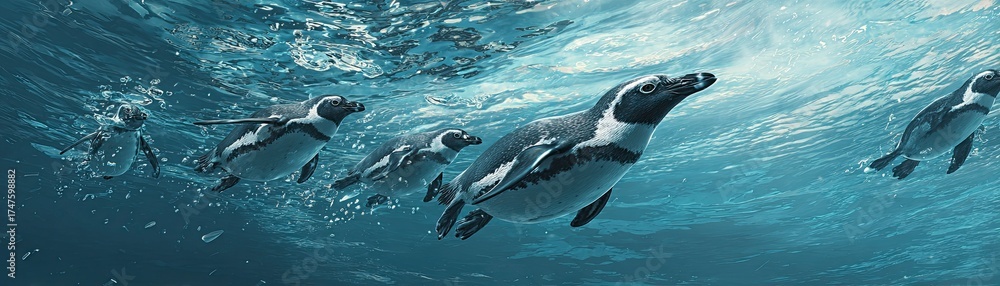 Naklejka premium A group of penguins swimming gracefully underwater, showcasing their streamlined bodies and playful nature in a vibrant blue ocean.