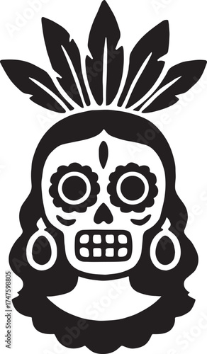 Catrina skull with earrings and feathers vector. Elegant Día de Muertos decorative illustration.