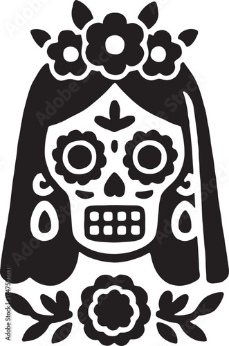Catrina woman skull with veil and flowers vector. Elegant Día de Muertos decorative illustration.