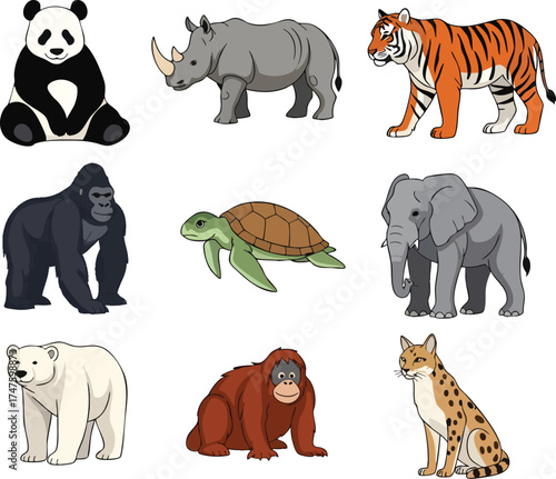 Diverse Animal Collection Panda Rhino Tiger Gorilla Turtle Elephant Bear Orangutan Serval.