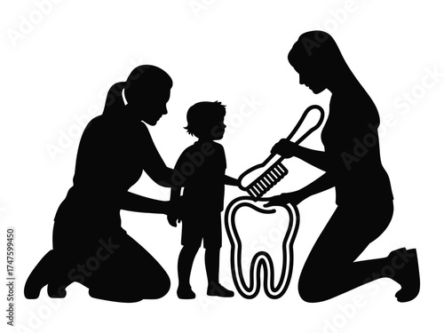 Black silhouette of people teaching dental hygiene white child
