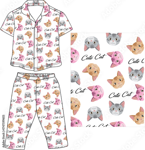 cute cat all over print with girls night wear dress  illustrations print vector art