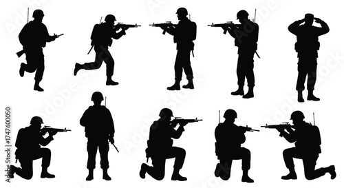Soldiers in various poses with rifles military silhouette