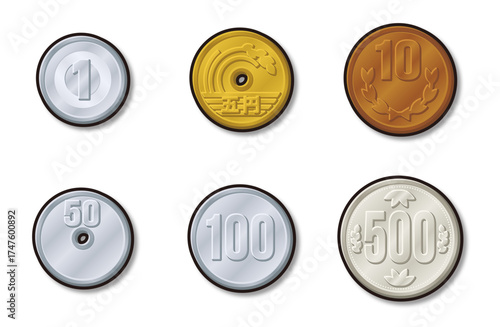 日本の硬貨 お金 コイン 黒フチ シャドウ