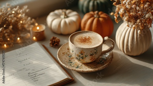 Creator fall content plan, cozy flatlay of notebook, floral teacup, pumpkins and candlelight styled in soft autumn tones, capturing warm seasonal workspace for inspired creative journaling and content