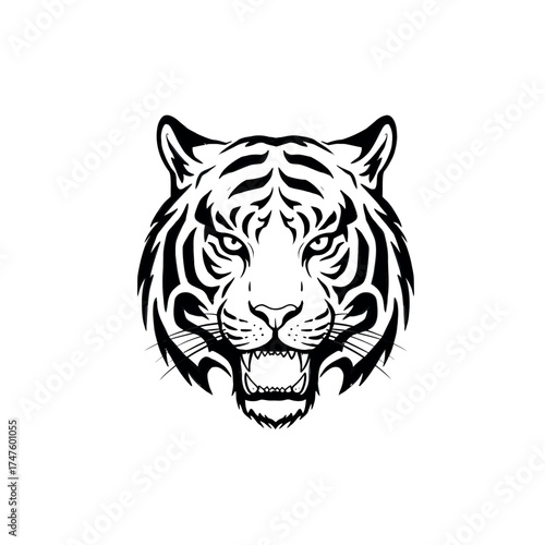 Intense tiger face portrait showcasing detailed stripes and fierce expression.