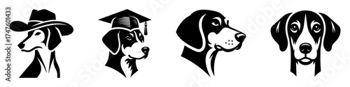 Dog portraits with hats and glasses black and white illustrations.