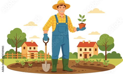 Cheerful farmer in straw hat and overalls holds a young plant, standing in a lush field with houses and trees in background