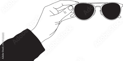 Minimal line art of hand holding sunglasses — clean black outline vector illustration