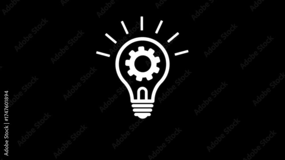 Animated flat design icon showing simple line art forming a light bulb combined with an industrial gear.