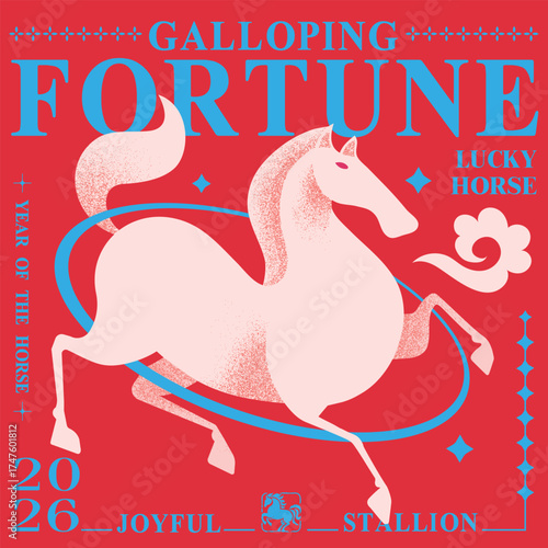 Galloping Fortune Celebrates the Year of the Horse With a Joyful Stallion in Vibrant Colors for 2026 greeting design, Year of the Horse zodiac, festive cover, social media, card or banner template