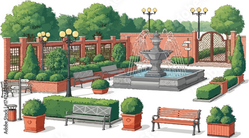 Discover serenity in this lush garden scene with a beautiful fountain, perfect for peaceful moments and relaxation in nature's embrace