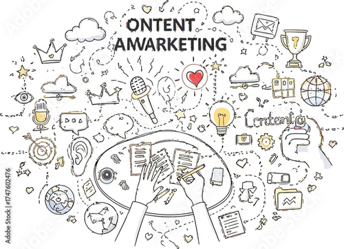 Brainstorming content marketing ideas for business growth, a vibrant illustration for brand strategy and digital engagement with hand-drawn doodles