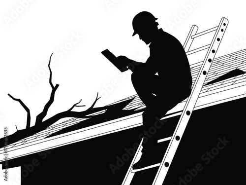 Black silhouette of person on ladder inspecting damaged roof inspection