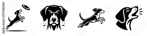 Dog illustrations black and white various poses frisbee jumping howling portrait.