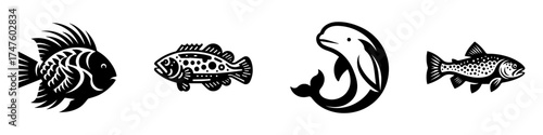 Marine Life Illustration: Fish and Dolphin Silhouettes.