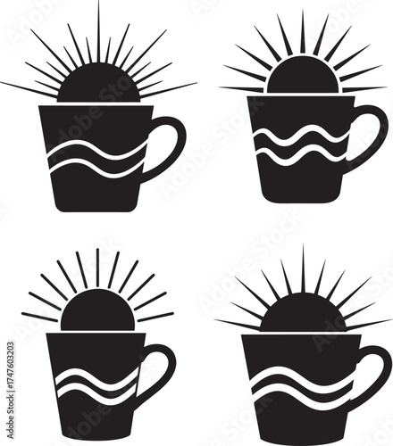 Four black coffee cups with sunrise silhouette