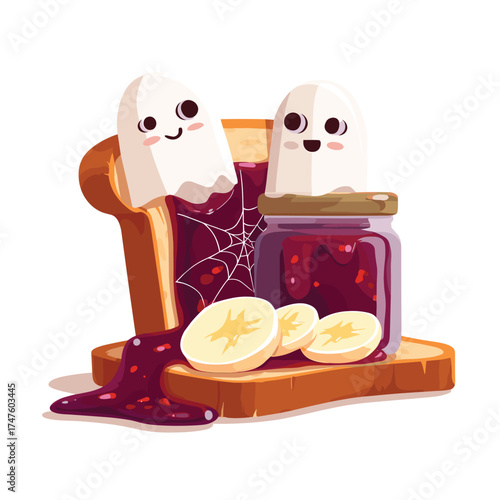 creepy cute Halloween toast with spiderweb jam and banana ghost slices vector illustration