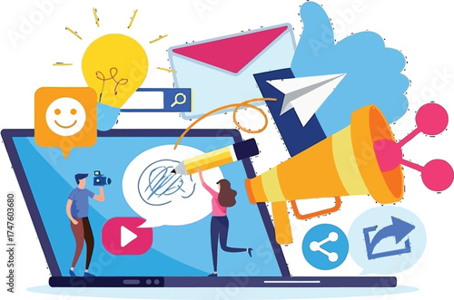 Creative digital marketing concept with engaging content creation tools and social media engagement icons for campaign success