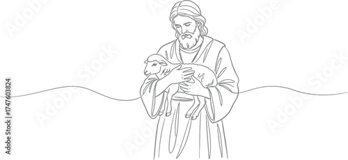 Elegant outline art of Jesus Christ tenderly holding a lamb conveying peace, hope and faith for religious celebrations, spiritual guidance and Easter themes