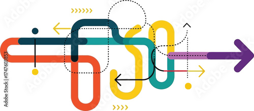 Modern abstract flow chart with arrows showcasing complex pathways for business strategy, marketing campaign, or project management with vibrant colors