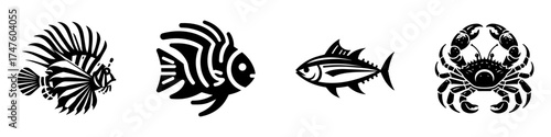 Marine Life Illustration: Fish and Crab Silhouettes.