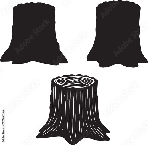 Three tree stump silhouettes showing different styles silhouette