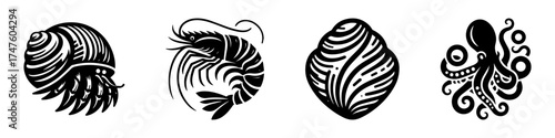 Seafood Icons: Shellfish Shrimp Mussel and Octopus Illustrations.